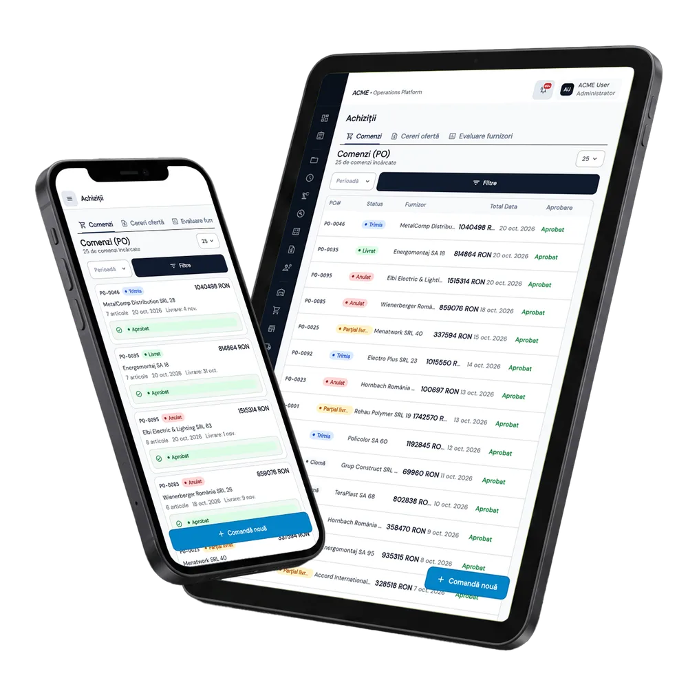 Achiziții & RFQ în Fluxo — ecranele modulului pe tabletă și telefon