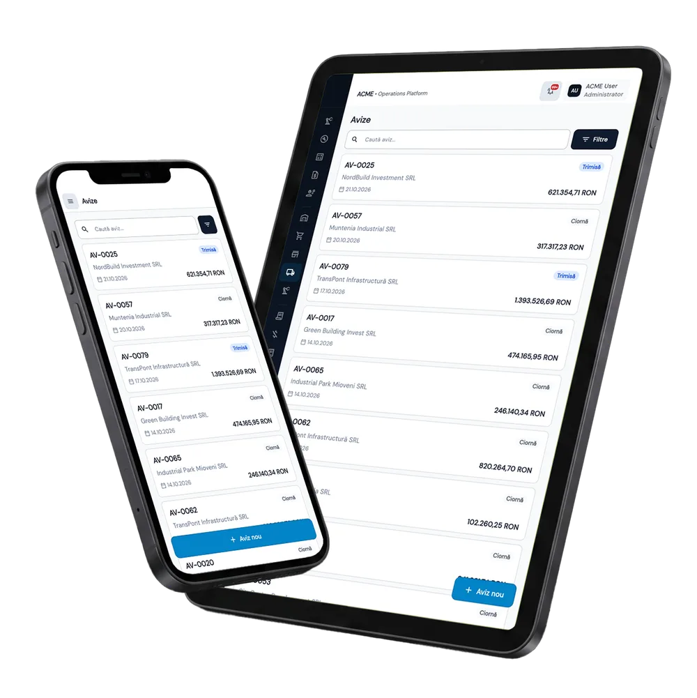 Avize de Expediție în Fluxo — ecranele modulului pe tabletă și telefon
