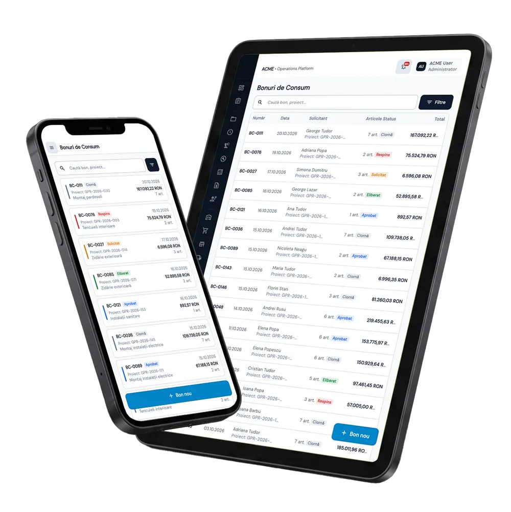 Bon Consum & Transfer în Fluxo — ecranele modulului pe tabletă și telefon
