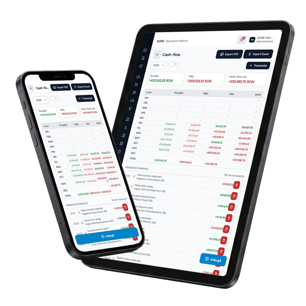 Cash-flow & Trezorerie în Fluxo — ecranele modulului pe tabletă și telefon