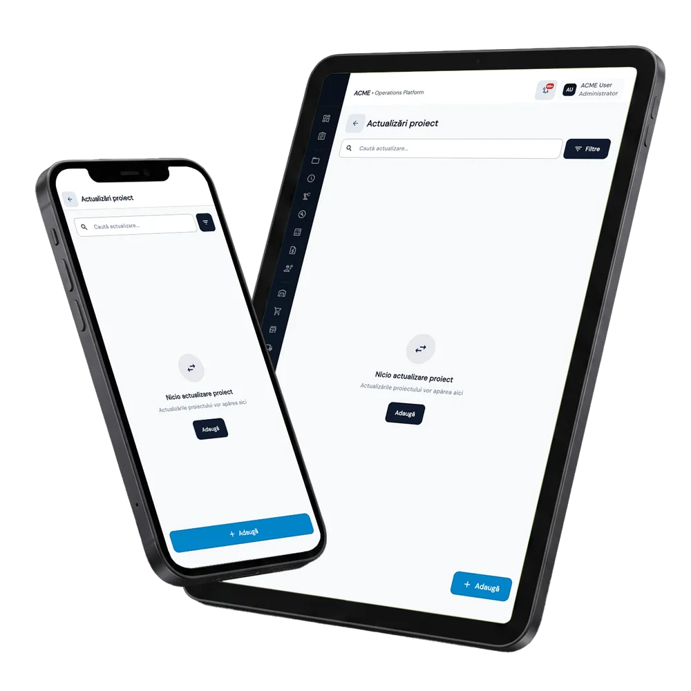 Change Orders în Fluxo — ecranele modulului pe tabletă și telefon