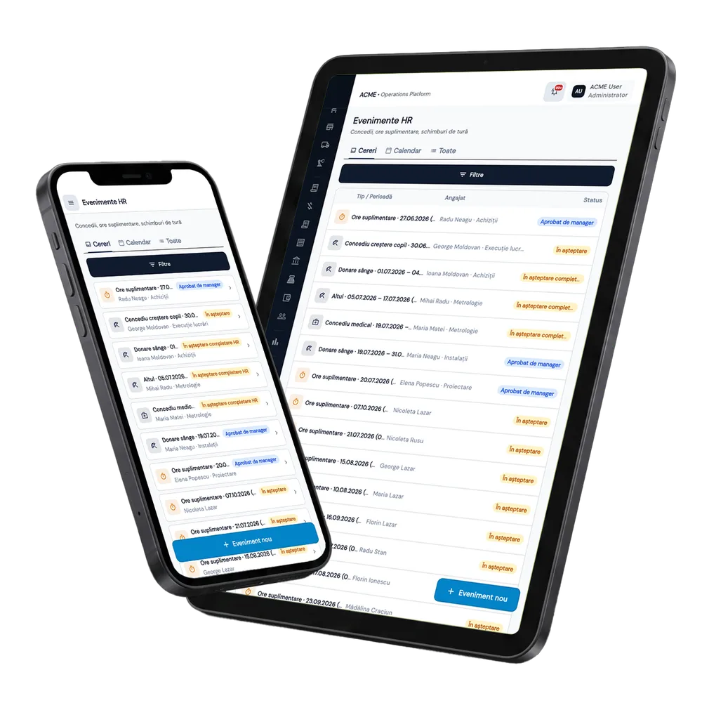 Concedii & Absențe în Fluxo — ecranele modulului pe tabletă și telefon