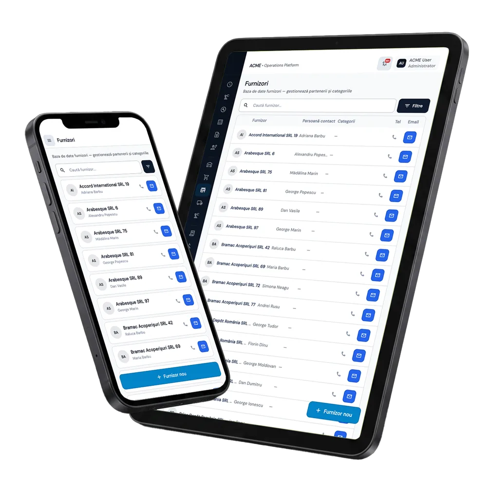 Furnizori & Clienți în Fluxo — ecranele modulului pe tabletă și telefon