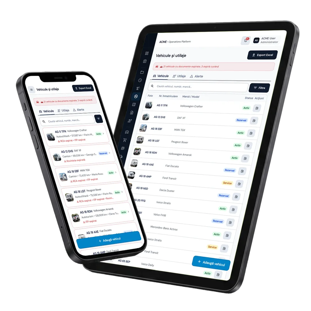 Gestiune Flotă Auto în Fluxo — ecranele modulului pe tabletă și telefon