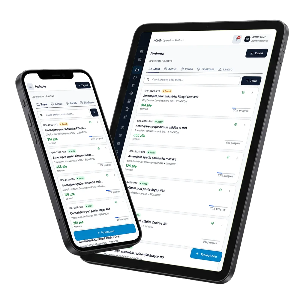 Management Proiecte în Fluxo — ecranele modulului pe tabletă și telefon
