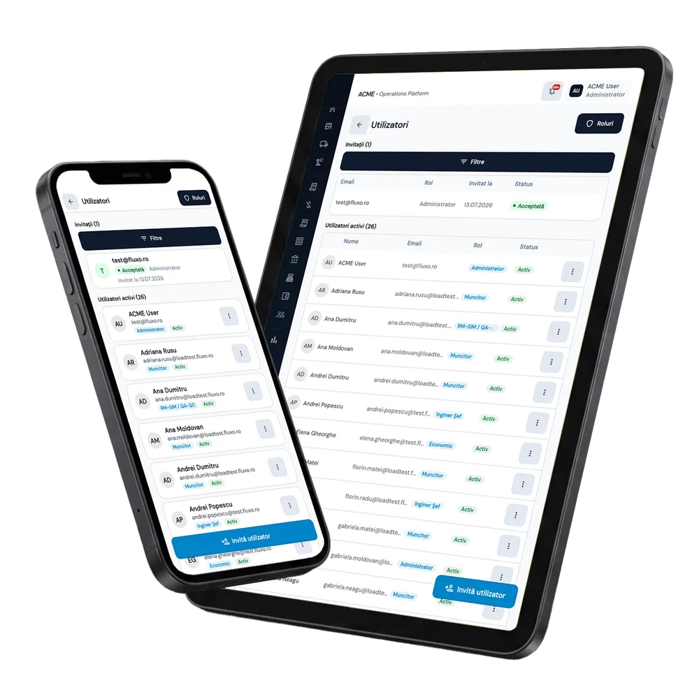Multi-Tenant în Fluxo — ecranele modulului pe tabletă și telefon