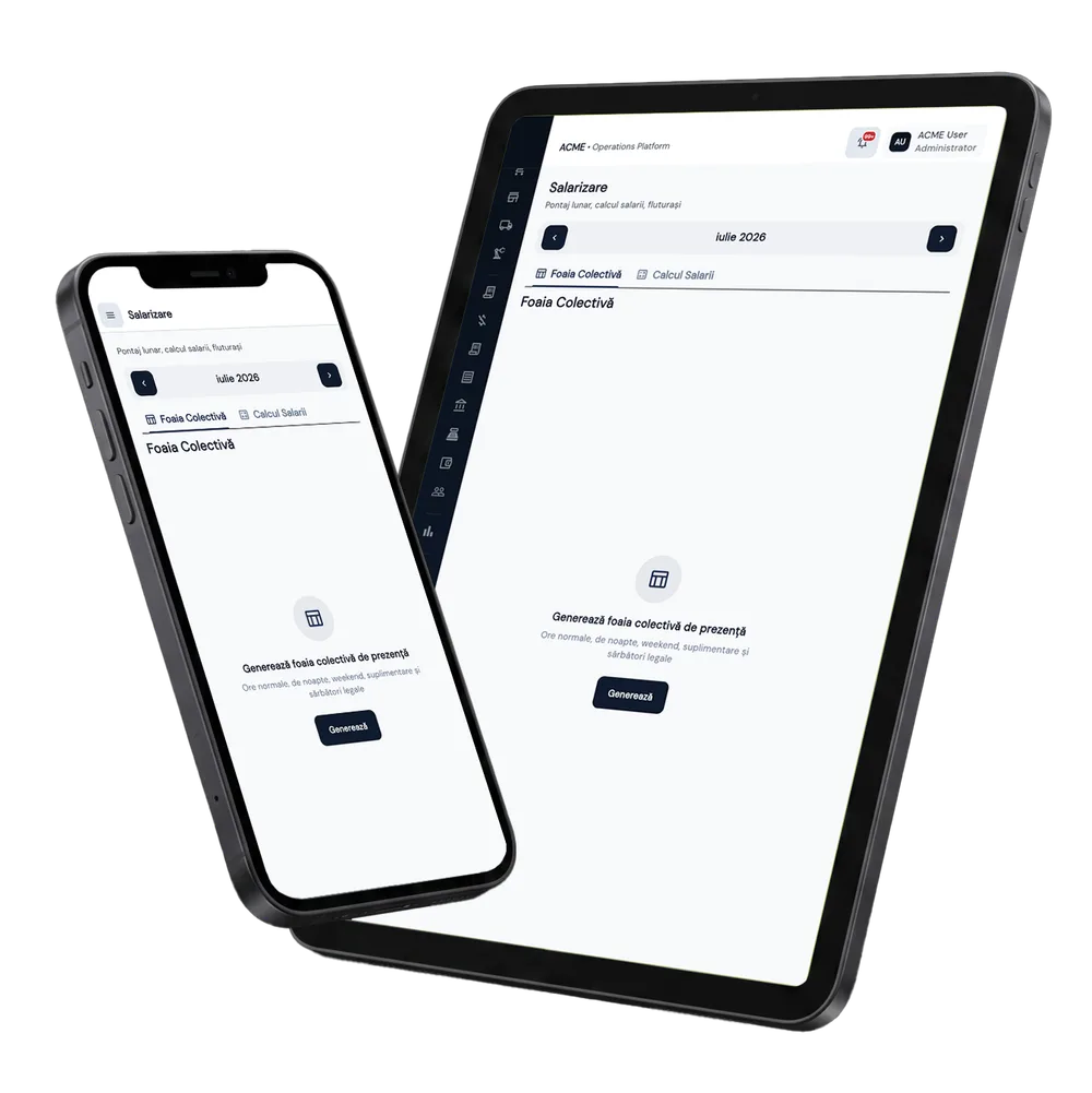 Payroll & Salarizare în Fluxo — ecranele modulului pe tabletă și telefon