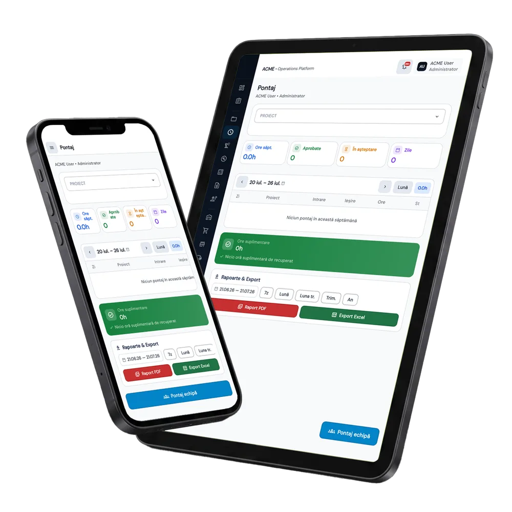 Pontaj GPS în Fluxo — ecranele modulului pe tabletă și telefon