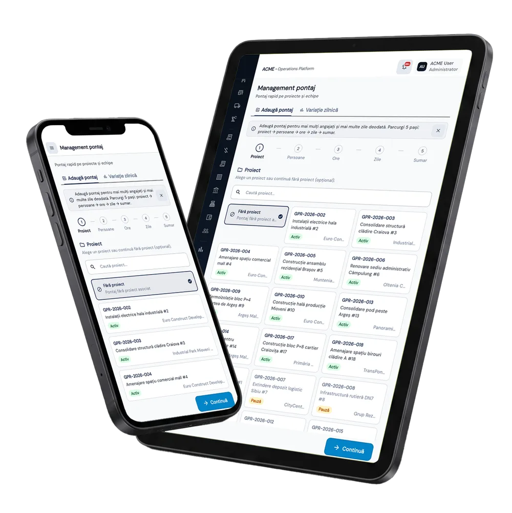Pontaj Rapid în Fluxo — ecranele modulului pe tabletă și telefon