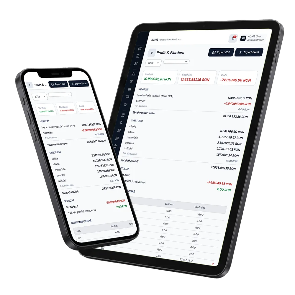 Profitabilitate Proiect în Fluxo — ecranele modulului pe tabletă și telefon