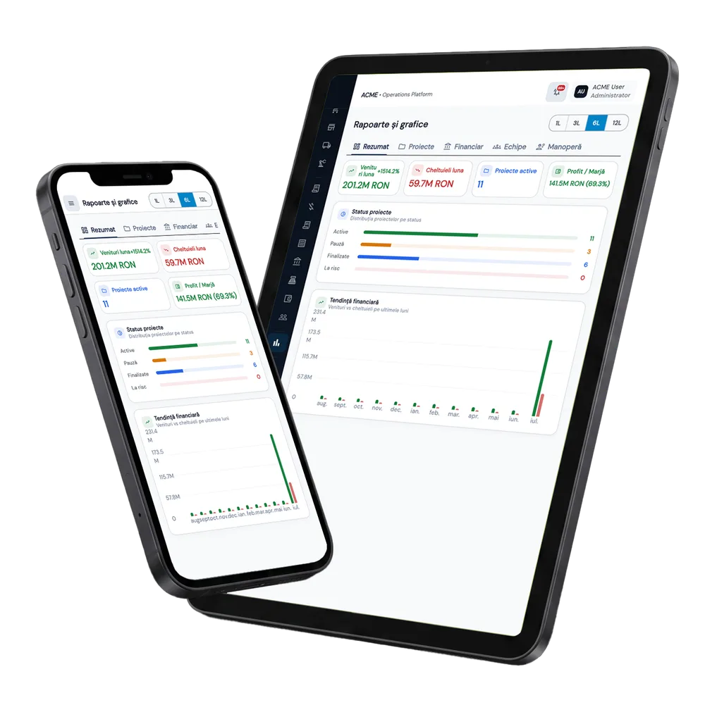 Rapoarte & Export în Fluxo — ecranele modulului pe tabletă și telefon