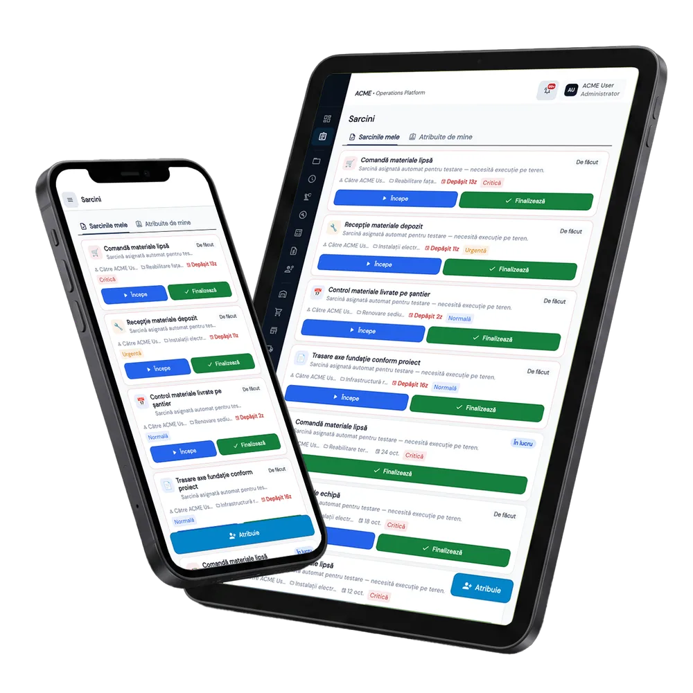 Sarcini & Inspecții în Fluxo — ecranele modulului pe tabletă și telefon